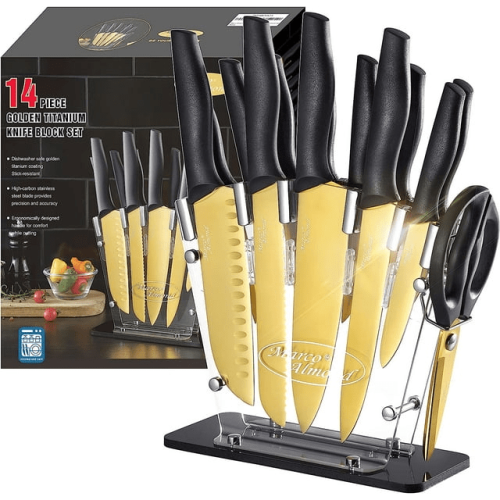 Golden Kinfe set,Marco Almond KYA23 14-Piece Dishwasher Safe Knife Set with Stand Kitchen Knives Stainless Steel Golden Kinfe set,Marco Almond KYA23 14-Piece Dishwasher Safe Knife Set with Stand Kitchen Knives Stainless Steel