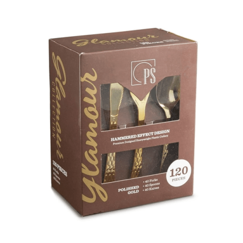 Gold Plastic Silverware Set - 120 Piece Gold Plastic Cutlery Set - Elegant Disposable Gold Utensils - 40 Gold Forks, 40 Soup Spoons and 40 Knives - Fo