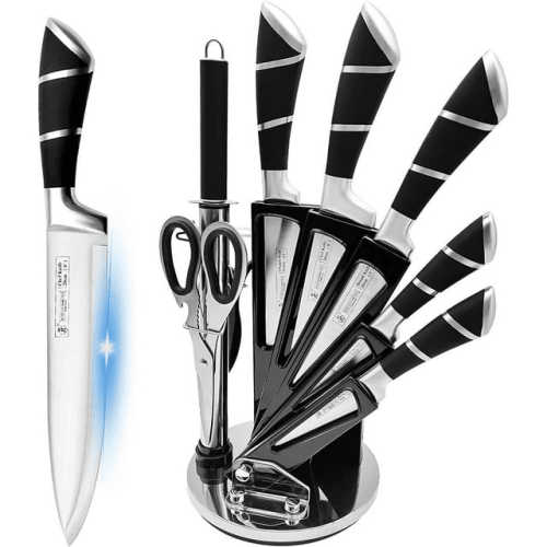 Kitchen Knife Set, 9-Pieces Black Sharp Non-Stick Coated Chef Knives Block Set ,Stainless Steel Knife Set for Kitchen with Sharpener for Cutting Slici Kitchen Knife Set, 9-Pieces Black Sharp Non-Stick Coated Chef Knives Block Set ,Stainless Steel Knife Set for Kitchen with Sharpener for Cutting Slici