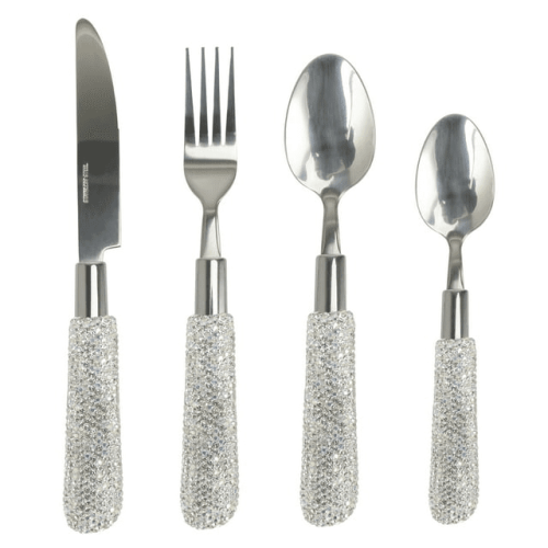 Bling Rhinestones Spoon Big and Small,Fork Set Stainless Steel 4 Pieces Flatware Cutlery Set Tableware Eating Utensil (White) Bling Rhinestones Spoon Big and Small,Fork Set Stainless Steel 4 Pieces Flatware Cutlery Set Tableware Eating Utensil (White)