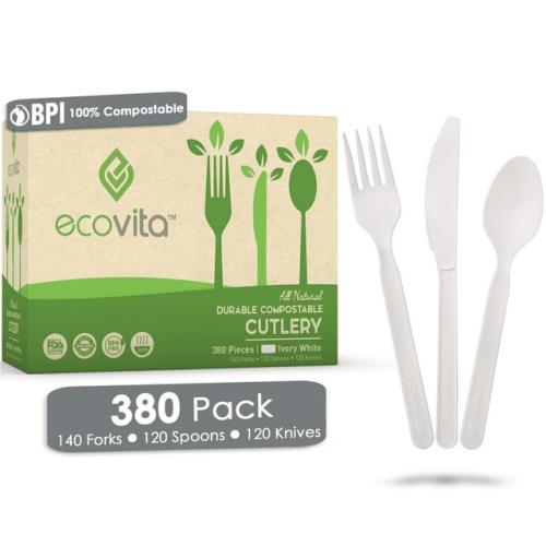 100% Compostable Forks Spoons and Knives - 380 Piece Eco Cutlery Combo Set - Eco Friendly Alternative to Plastic Silverware | Ecovita | White 100% Compostable Forks Spoons and Knives - 380 Piece Eco Cutlery Combo Set - Eco Friendly Alternative to Plastic Silverware | Ecovita | White